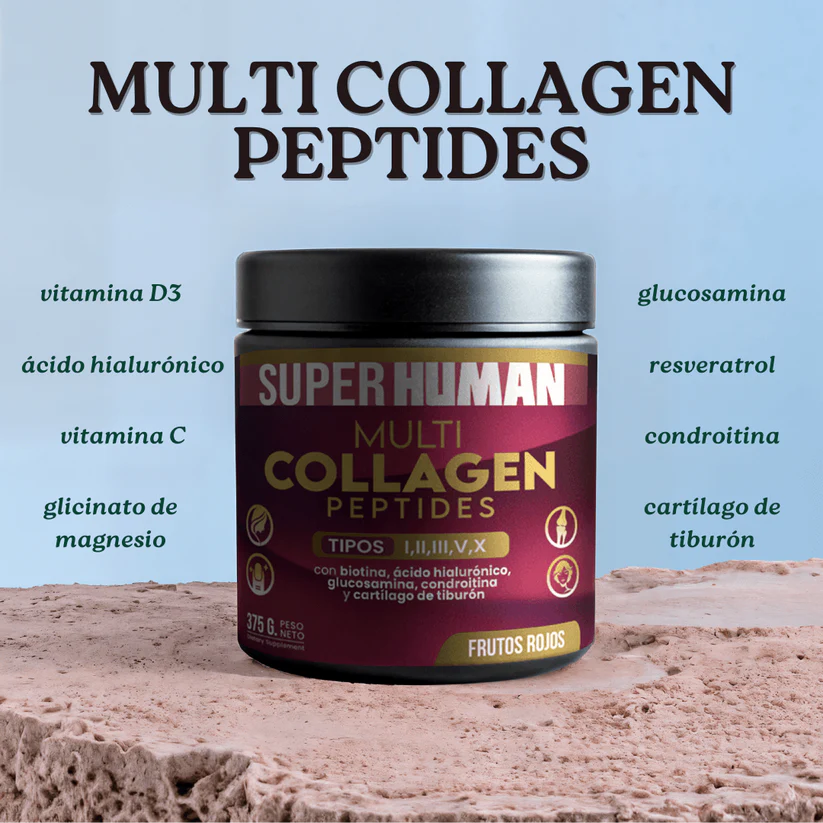 Multi Collagen Peptides™ - Colágeno Hidrolizado en Polvo Tipo I, II, III, V y X con Glucosamina, Biotina, Condroitina y Cartílago de Tiburón, para Piel, Articulaciones y Huesos, 100% Puro y Natural (375 g) - SuperHuman™